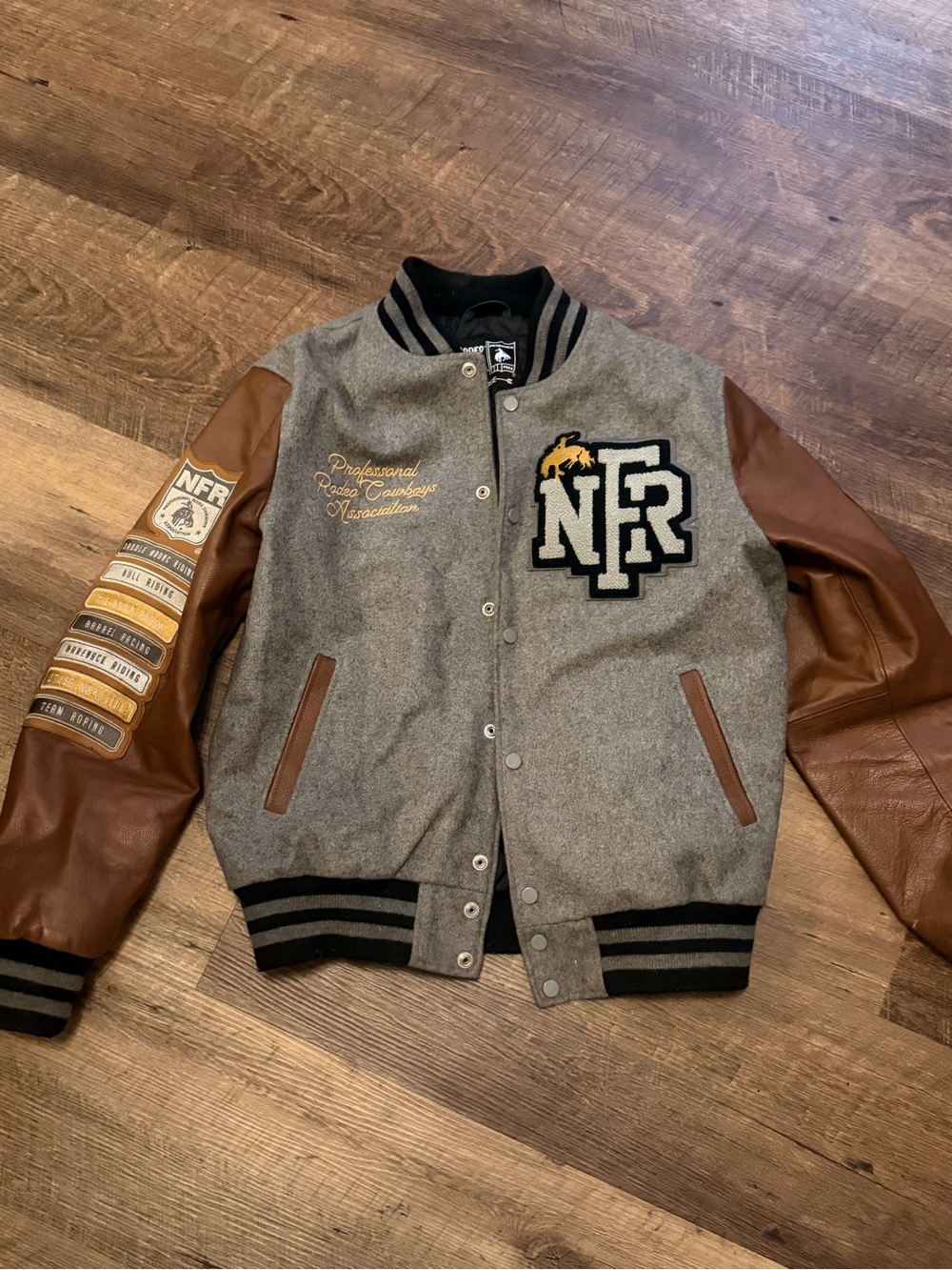 Men's Gray Wool & Brown Leather Varsity Jacket